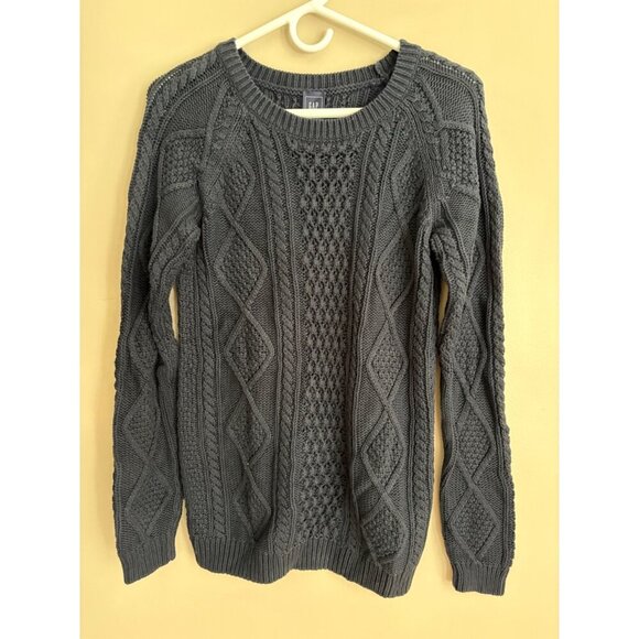 GAP Navy Blue Cable Knit Fisherman Sweater Size Small TALL/Long Length - Picture 3 of 10